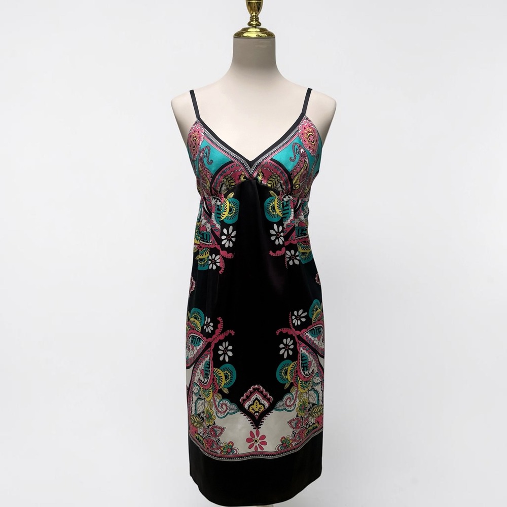 VTG ICE Paisley Floral Slip Dress 10 Black Multicolor Boho VNeck Satin Y2K Retro